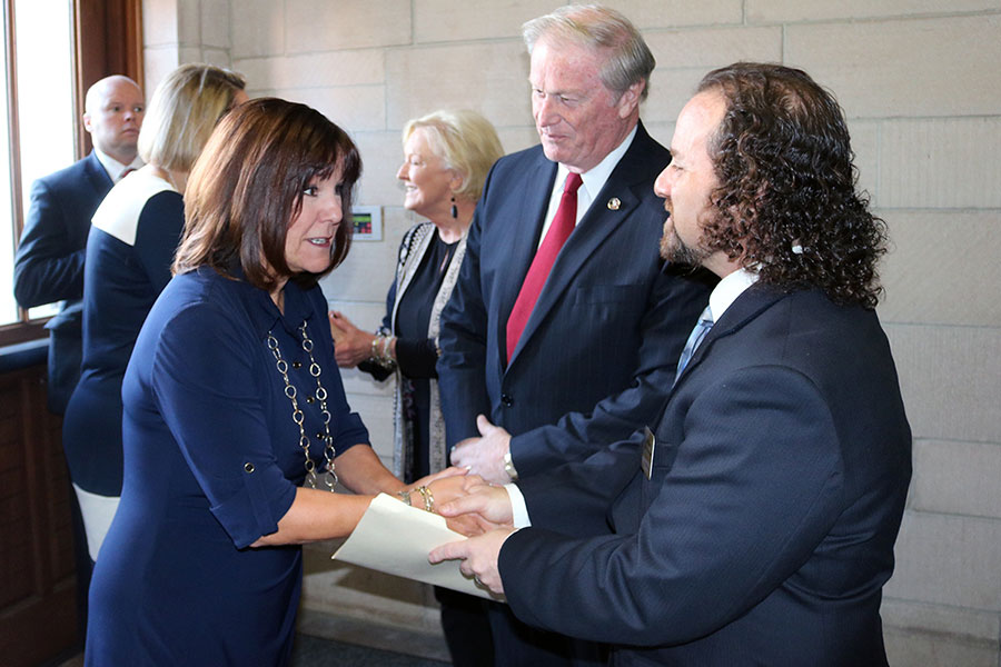 Second Lady Karen Pence greets President John Thrasher and Professor Dave Gussak at the launch of her new art therapy initiative, Art Therapy: Healing with the HeART on Wednesday, Oct. 18, at Florida State University. (FSU Photography Services)