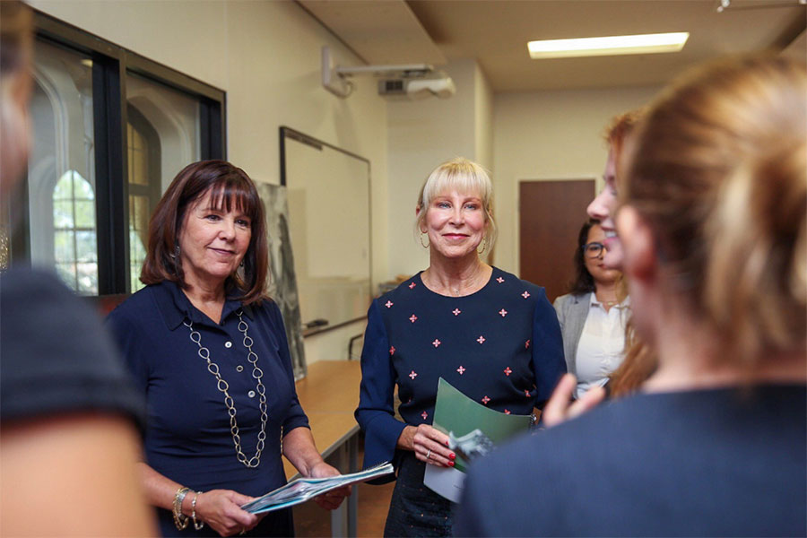 Second Lady Karen Pence (left) tours the FSU art therapy program with First Lady of Florida Ann Scott (middle) at the launch of her new initiative, Art Therapy: Healing with the HeART on Wednesday, Oct. 18, at Florida State University. (Florida Governor's Office)