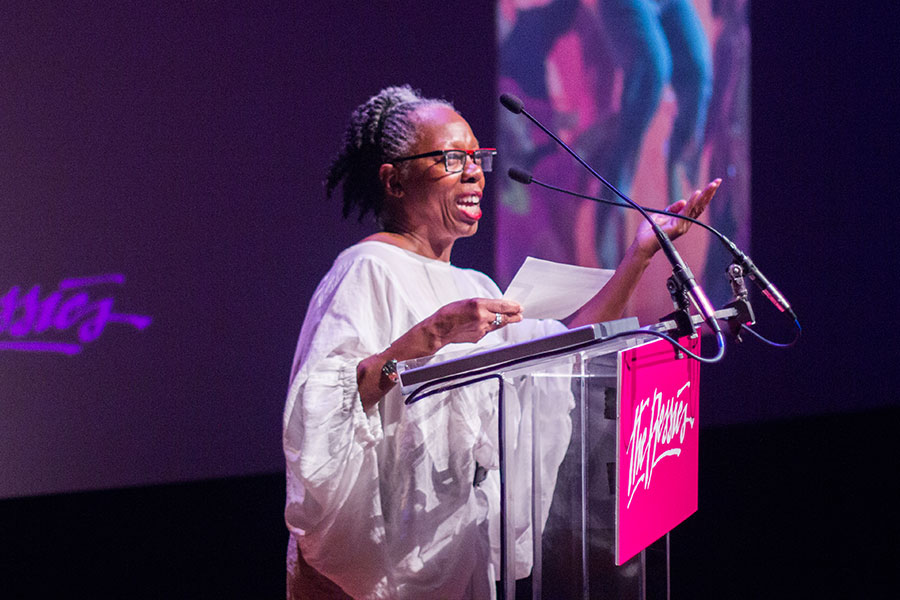 Jawole Willa Jo Zollar, FSU's Nancy Smith Fichter Professor in Dance, speaks after receiving a lifetime achievement award in dance at the 2017 Bessie Awards Oct. 9 in New York. (Photography by AK47 Division)