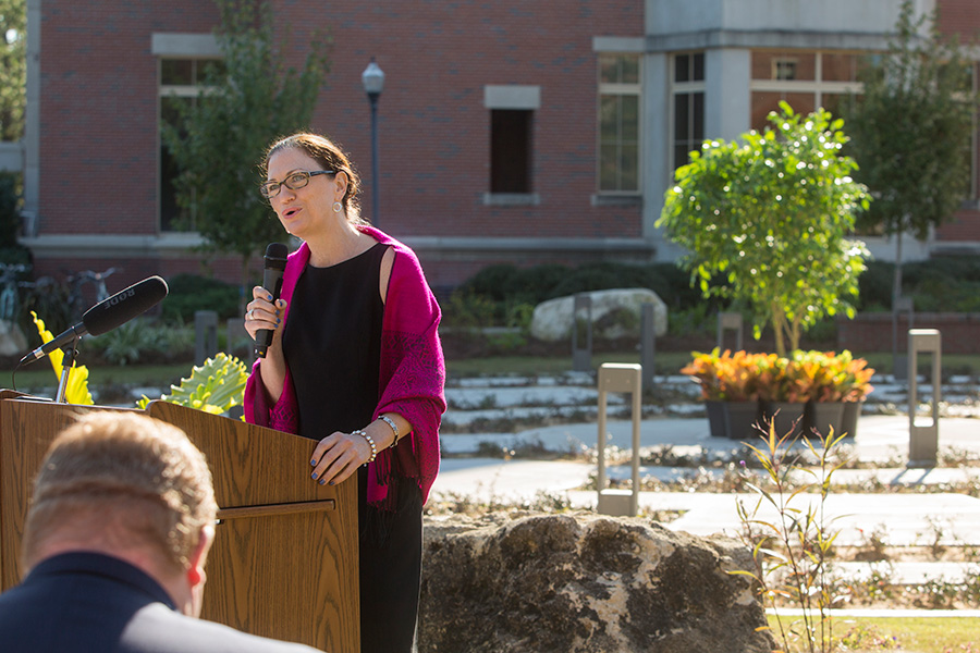Laura Osteen, director of the Center for Leadership & Social Change, speaks at the grand opening of the FSU Labyrinth, located on West Call Street between the College of Medicine and the Psychology Building, on Thursday, Nov. 2. (FSU Photography Services)