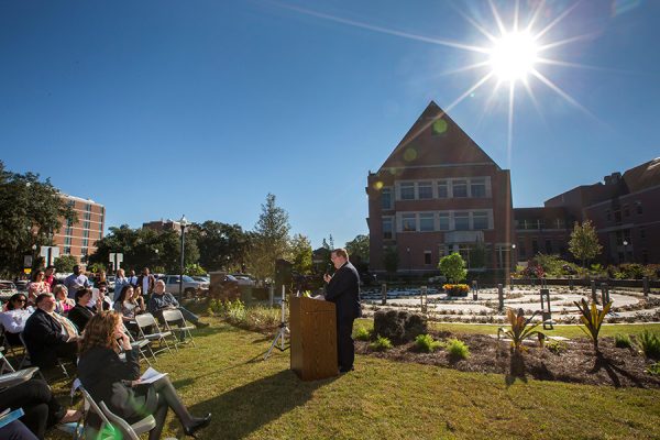 Kyle Clark, vice president for Finance and Administration, speaks at the grand opening of the FSU Labyrinth, located on West Call Street between the College of Medicine and the Psychology Building, on Thursday, Nov. 2. (FSU Photography Services)