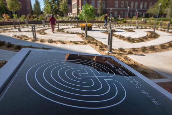 The Florida State campus community celebrates the grand opening of the FSU Labyrinth, located on West Call Street between the College of Medicine and the Psychology Building, on Thursday, Nov. 2. (FSU Photography Services)