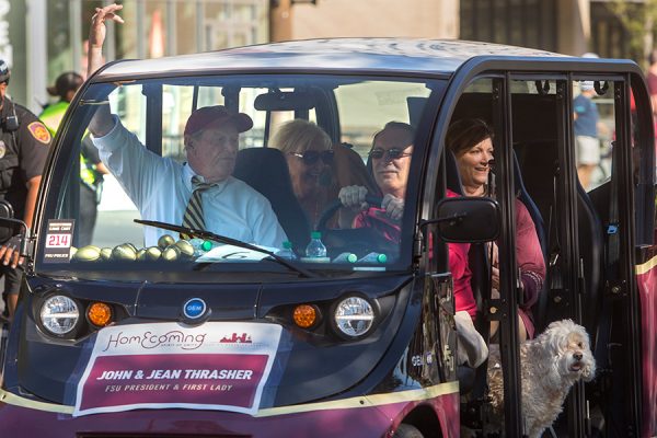 President John Thrasher and Mrs. Jean Thrasher ride in the Florida State University 2017 Homecoming Parade. (FSU Photography Services)