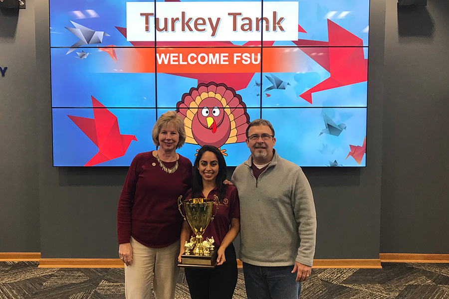 Junior Hannah King (middle) helped lead the FSU team to victory in the first-ever Turkey Tank competition Monday, Nov. 20.