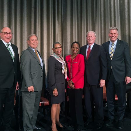 President John Thrasher (second from right) represents FSU in a panel discussion with presidents from 2017 Simon Award-winning institutions Nov. 14 in Washington, D.C.