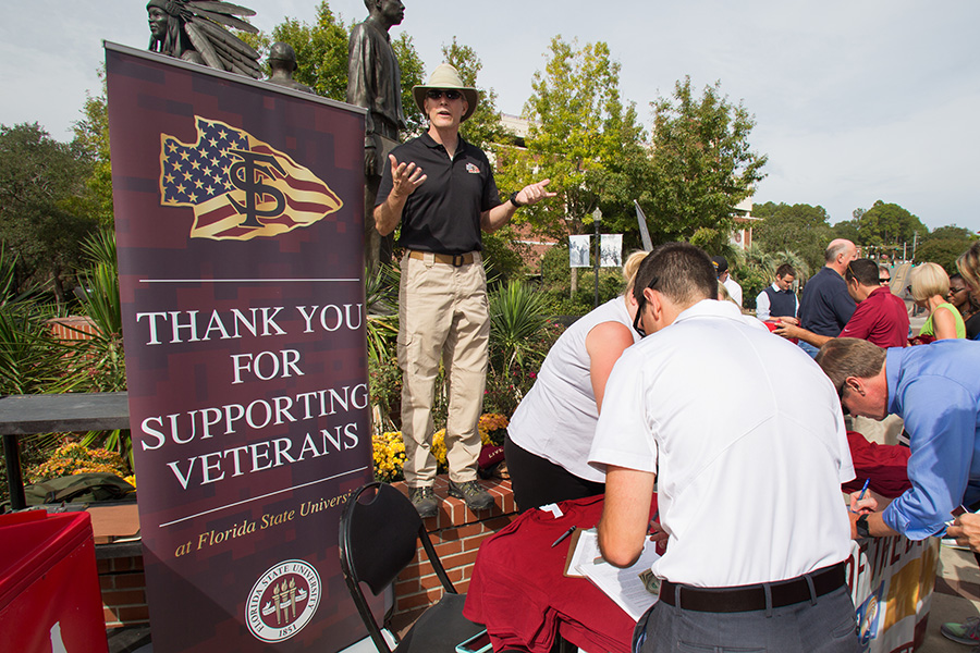 Student Veterans Center Director Billy Francis speaks at the United Way Vets Walk on campus in November 2016. (FSU Photography Services)