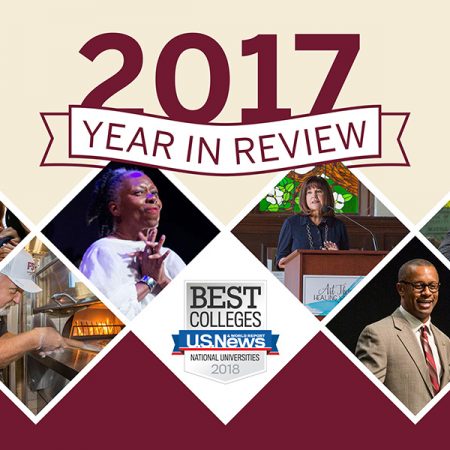 2017 Year in Review: (from left) international students gather at The Globe; celebrity chef Art Smith cooks at FSU's "1851"; Jawole Willa Jo Zollar earns lifetime achievement award; FSU leaps ahead in rankings; Second Lady Karen Pence announces art therapy initiative; Willie Taggart becomes new FSU football coach; Professor Gregory Erickson discovers new facts about dinosaurs.