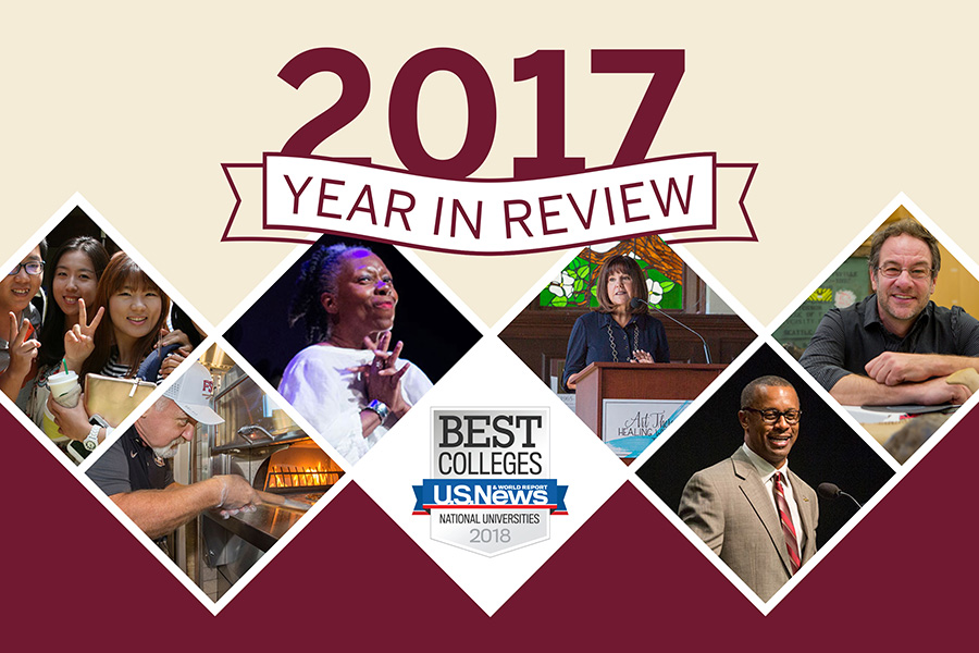 2017 Year in Review: (from left) international students gather at The Globe; celebrity chef Art Smith cooks at FSU's "1851"; Jawole Willa Jo Zollar earns lifetime achievement award; FSU leaps ahead in rankings; Second Lady Karen Pence announces art therapy initiative; Willie Taggart becomes new FSU football coach; Professor Gregory Erickson discovers new facts about dinosaurs.