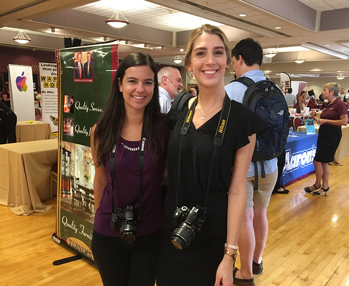 Career Center Communication Interns, Stephanie Mancuso and Elizabeth Beattie (left to right) were both instrumental in the creation of the Career Centers new programs. Beattie designed the visual marketing for both employers and students, and Mancuso created the marketing plan and helped promote it on social media for both employers to participate and students to apply. Interns creating pieces for interns! (Photo: FSU Career Center)