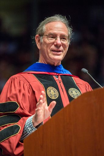 Professor of Oceanography Jeff Chanton, the 2017-2018 Robert O. Lawton Distinguished Professor, spoke to FSU graduates during Friday night's ceremony. (FSU Photography Services)