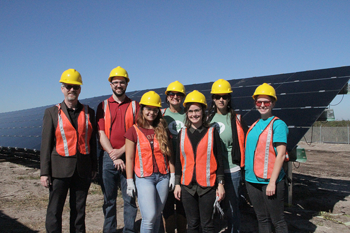 Members of the FSU community went to tour the new City of Tallahassee solar farm. From left: Jim Stephens, Reynold Bartel, Desiree Caceres, Elizabeth Swiman, Jacqueline Bucheck, Jamie Valentine and Christiana Akins) (Photo Credit: City of Tallahassee)