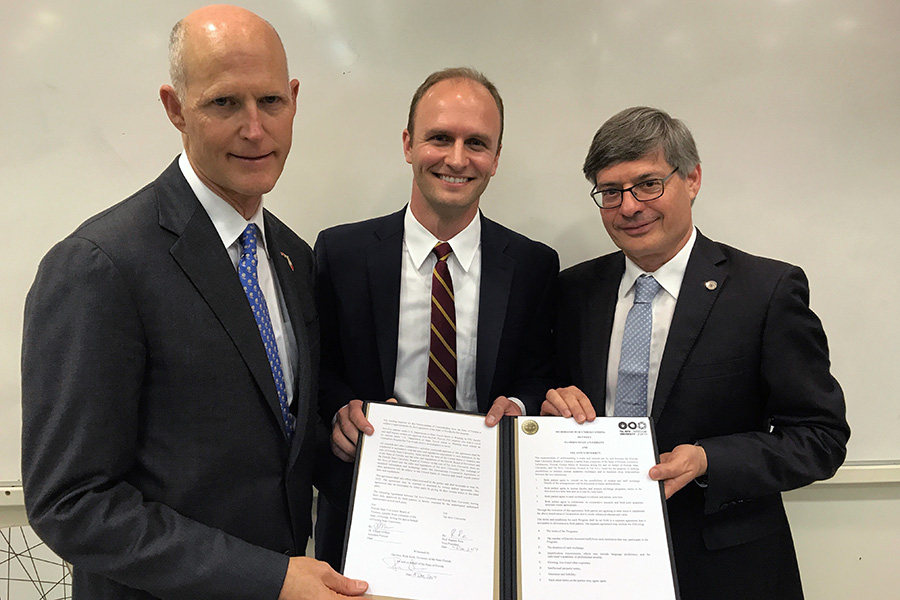 Florida Gov. Rick Scott, FSU Assistant Provost Joe O’Shea and Professor Raanan Rein, vice president of Tel Aviv University, in Tel Aviv Monday, Dec. 4. (Photo: Office of Governor)