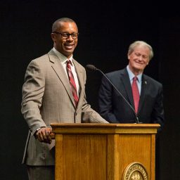 New football coach Willie Taggart talks to the Faculty Senate about his commitment to student success Dec. 6, 2017. (FSU Photography)