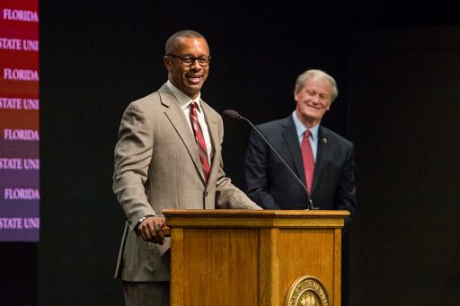 New football coach Willie Taggart talks to the Faculty Senate about his commitment to student success Dec. 6, 2017. (FSU Photography)