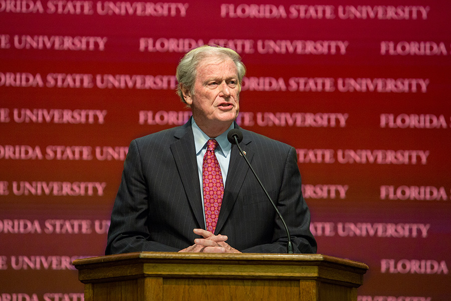 President John Thrasher delivers the State of the University address at a Faculty Senate meeting Dec. 6, 2017. (FSU Photography)