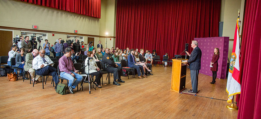 President John Thrasher and Vice President for Student Affairs Amy Hecht discuss reforms on Greek Life at a news conference Jan. 29, 2017. (FSU Photography Services)