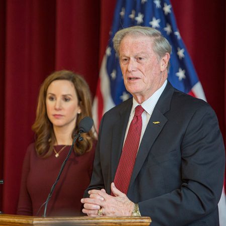 President John Thrasher and Vice President for Student Affairs Amy Hecht discuss reforms on Greek Life at a news conference Jan. 29, 2017. (FSU Photography Services)