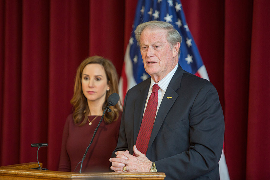 President John Thrasher and Vice President for Student Affairs Amy Hecht discuss reforms on Greek Life at a news conference Jan. 29, 2017. (FSU Photography Services)