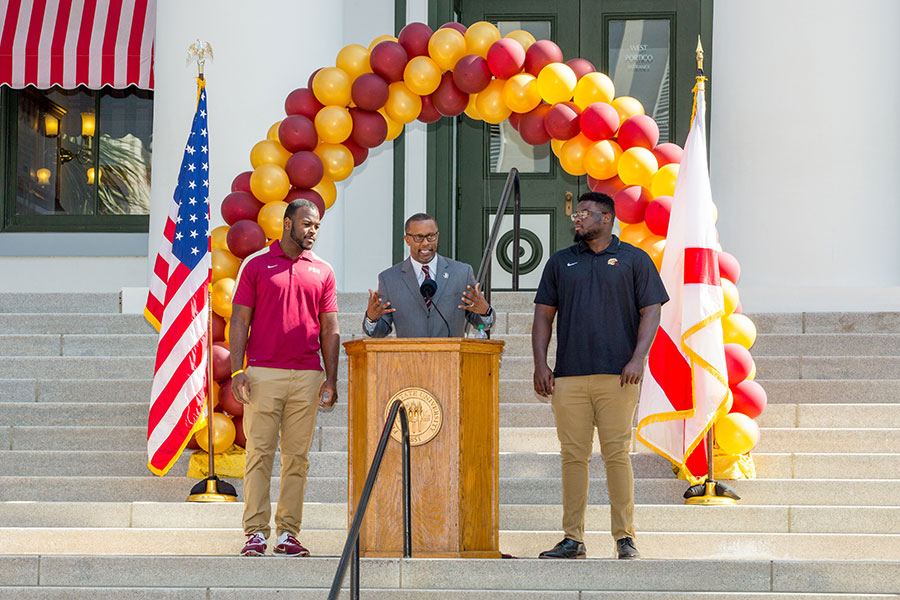 Coach Willie Taggart and FSU football players address the crowd during FSU Day at the Capitol Feb. 6, 2018. (FSU Photography Services)