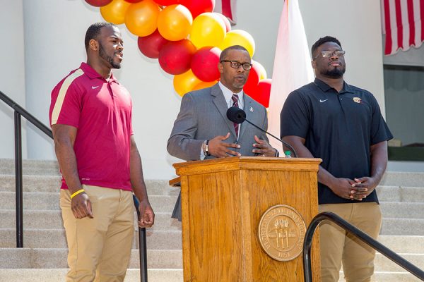 Coach Willie Taggart and FSU football players address the crowd during FSU Day at the Capitol Feb. 6, 2018. (FSU Photography Services)