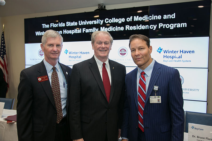 College of Medicine Dean John P. Fogarty, President John Thrasher and Winter Haven Hospital President/CEO Steve Nierman at the announcement of a new family medicine residency program between Florida State University College of Medicine and Winter Haven Hospital.