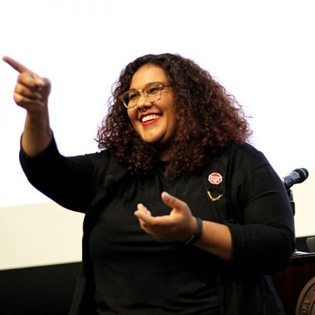 Shantel Buggs, an assistant professor in the Department of Sociology, answers questions from students during the opening keynote of the Multicultural Leadership Summit on Jan. 26. Photo/ Rachel Mulcahy