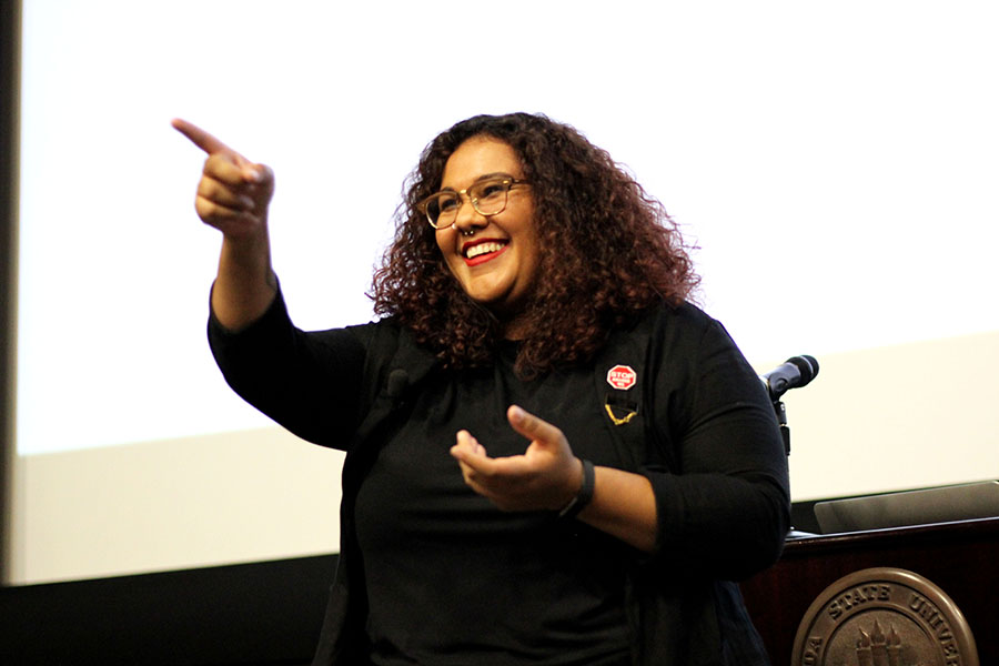 Shantel Buggs, an assistant professor in the Department of Sociology, answers questions from students during the opening keynote of the Multicultural Leadership Summit on Jan. 26. Photo/ Rachel Mulcahy