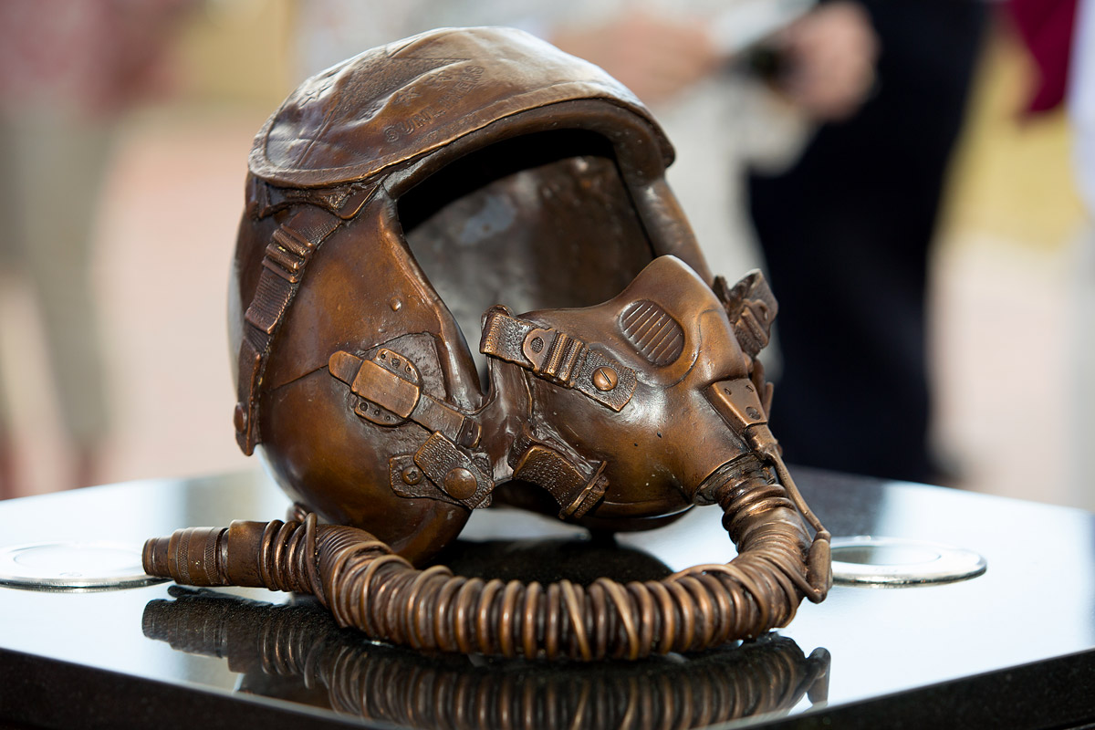 The bronze helmet is similar to one that Speicher would have worn as a pilot of the F-18 Hornet. (FSU Photography Services)