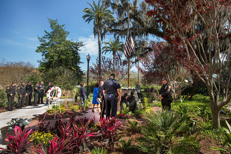 The FSU College of Criminology & Criminal Justice's Fallen Officer Memorial, "At Half Mast," honors eight fallen alumni.