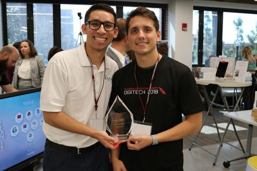 Two of the four members of DiaTech, which won Best in Show for Contribution and the $1,000 Shark Tank competition. (Photo: University Communications) 