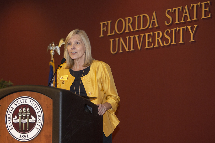 Myrna Hoover, director of the FSU Career Center, speaks at the Garnet & Gold Scholar Society induction ceremony April 26, 2018. (FSU Photography)