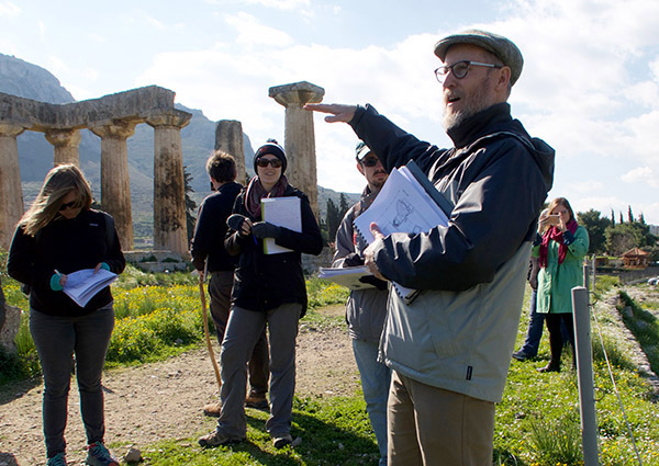 Pfaff speaks to students at the Temple of Apollo in Corinth.