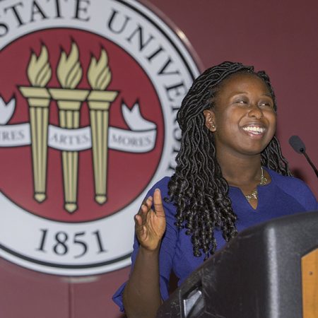 Stacey Pierre, the 2018-2019 SGA president, speaks at the Student Government Association inauguration March 29. (FSU Photography Services)
