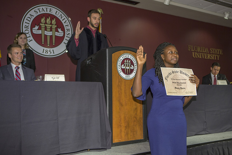 Stacey Pierre is sworn in at the SGA spring inauguration March 29, 2018. (FSU Photography Services)