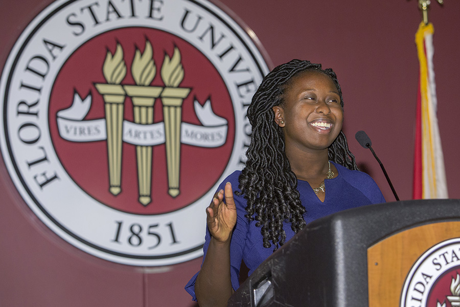 Stacey Pierre, the 2018-2019 SGA president, speaks at the Student Government Association inauguration March 29. (FSU Photography Services)