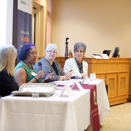 Eugenia Millender, an associate professor in the FSU College of Nursing, addresses attendees during an opioid abuse prevention panel discussion on May 18. Three FSU colleges — Social Work, Medicine and Nursing — partnered with Allied Against Opioid Abuse to host the event.