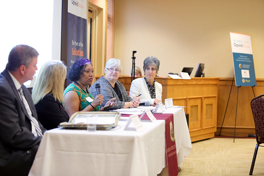 Eugenia Millender, an associate professor in the FSU College of Nursing, addresses attendees during an opioid abuse prevention panel discussion on May 18. Three FSU colleges — Social Work, Medicine and Nursing — partnered with Allied Against Opioid Abuse to host the event.