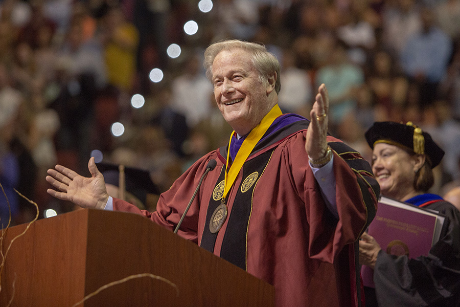 President John Thrasher welcomes graduates and their families to the FSU Spring Commencement 2018 Friday afternoon ceremony. (FSU Photography Services)