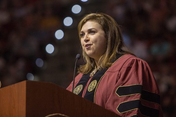 Alumna Julie Dunn Eichenberg addresses graduates at the FSU Spring Commencement 2018 Friday afternoon ceremony. (FSU Photography Services)