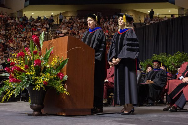 Provost Sally McRorie recognizes Pamela Perrewé, professor of management in the College of Business, as the Robert O. Lawton Distinguished Professor during the FSU Spring Commencement 2018 Friday night ceremony. (FSU Photography Services)