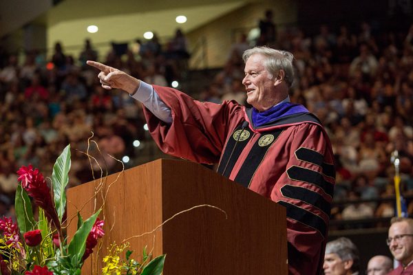 President John Thrasher welcomes graduates and their families to the FSU Spring Commencement 2018 Friday night ceremony. (FSU Photography Services)