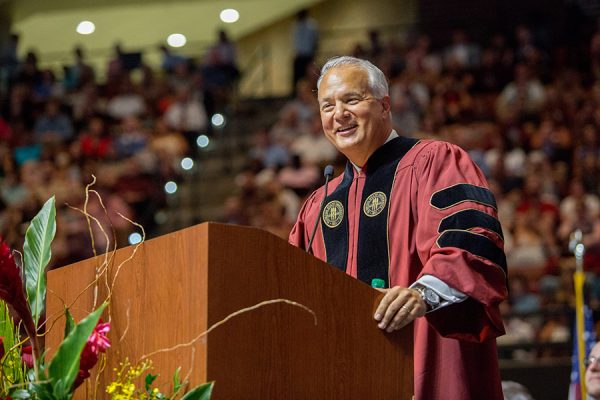 Alumnus John Rivers addresses the graduates at the FSU Spring Commencement 2018 Friday night ceremony. (FSU Photography Services)