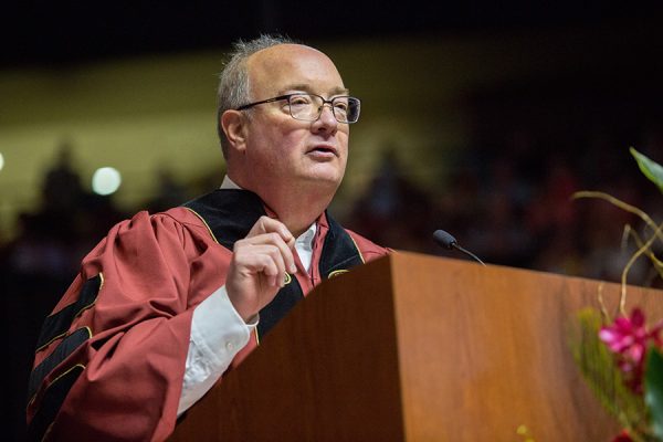 Jim Jenkins, CEO for Sodexo’s Universities North America East — FSU’s dining services partner, addresses graduates during the Saturday morning spring commencement ceremony, May 4, 2018. (FSU Photography Services)