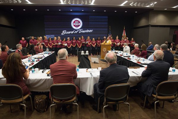 The FSU Softball team is honored at the Board of Trustees Meeting. (Photo: FSU Photography Services)