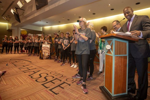Tallahassee Mayor Andrew Gillum recognizes FSU's National Champion softball players at City Hall on June 6, 2018. (FSU Photography Services)