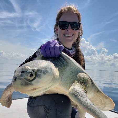 Study lead author Natalie Wildermann with a Kemps ridley sea turtle.