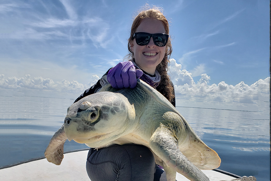 Study lead author Natalie Wildermann with a Kemps ridley sea turtle.