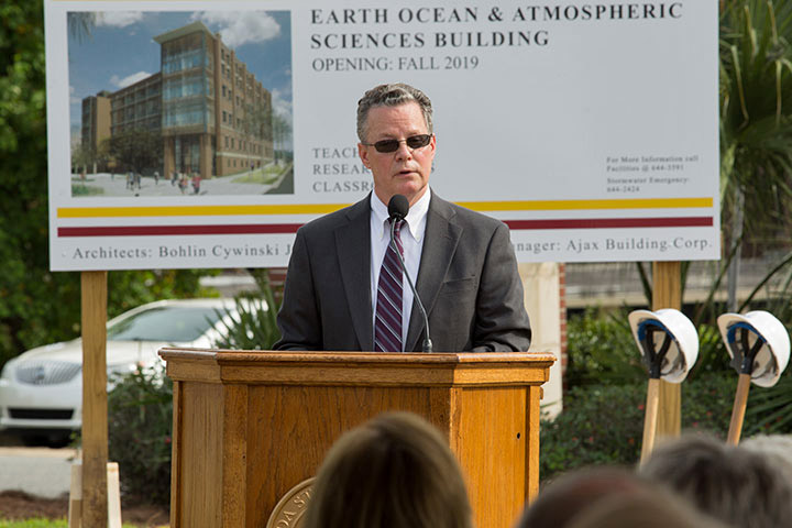 Sam Huckaba, dean of the College of Arts and Sciences, speaks at the groundbreaking ceremony for the Earth, Ocean and Atmospheric Science building in October 2016. (FSU Photography Services)