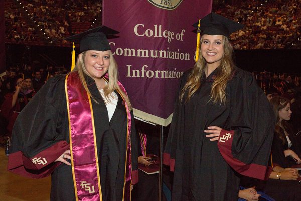New graduates Rachel Hollingsworth and Margaret Howard are all smiles at FSU summer commencement Aug. 3, 2018. (FSU Photography Services)
