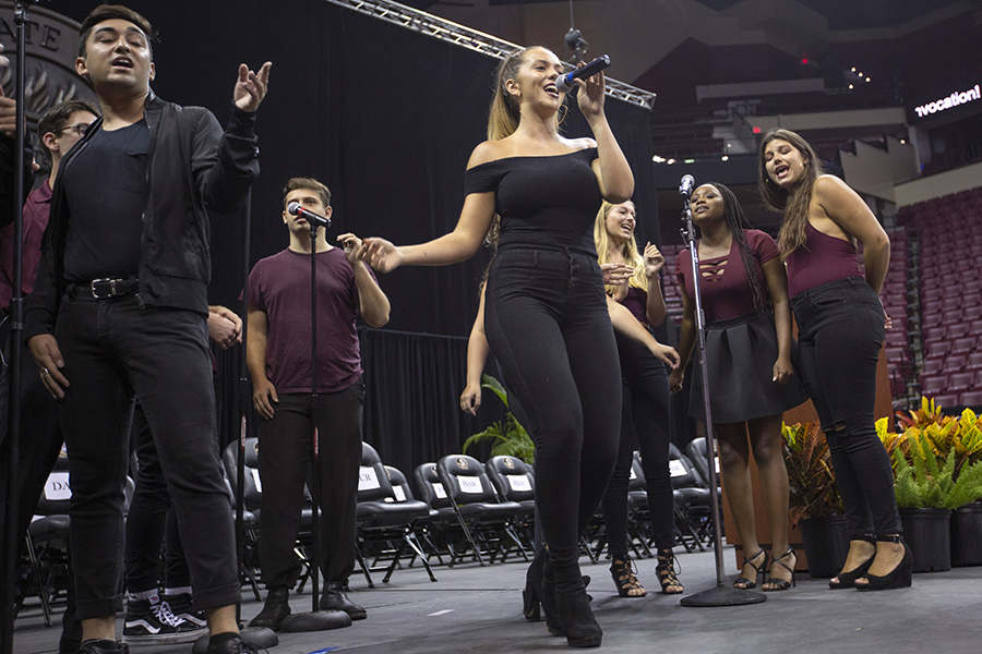 All Night Yahtzee performs at FSU New Student Convocation Sunday, Aug. 26, 2018. (FSU Photography Services)
